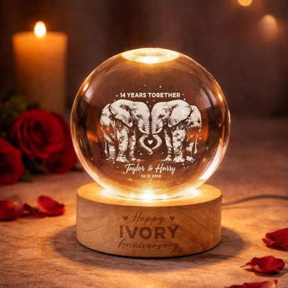 Custom 14 Years Together Ivory Wedding Anniversary Crystal Ball Night Light, Custom 14th Anniversary Ivory Night Light For Him Her WD0013