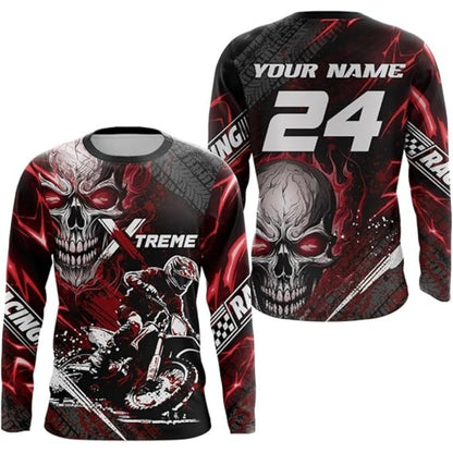 Custom Skull Red Men's Dirt Bike Racing Long Sleeve Shirt, Custom Skull Dirt Bike Jerseys MZ0020