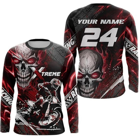 Custom Skull Red Men's Dirt Bike Racing Long Sleeve Shirt, Custom Skull Dirt Bike Jerseys MZ0020