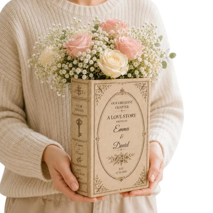 Our Greatest Chapter Personalized Engagement Flower Ceramic Book Vase, Custom Engaged Wedding Vase WD0365