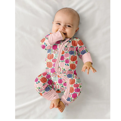Pumpkin Floral Pink Baby Convertible Zippy Romper, Pumpkin Romper Convertible For Baby Girl BB0823
