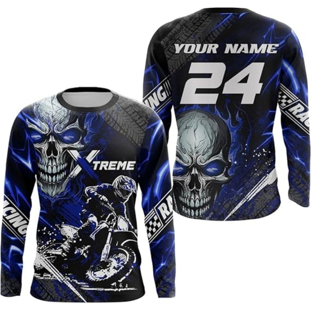 Custom Skull Red Men's Dirt Bike Racing Long Sleeve Shirt, Custom Skull Dirt Bike Jerseys MZ0020