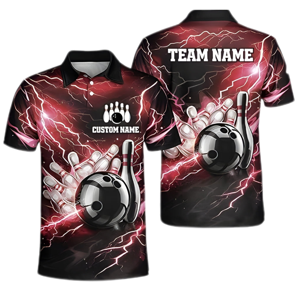 Custom Red Thunder Lightning Bowling Men Polo Shirt, Custom Thunder Bowling Team Shirts BZ0350