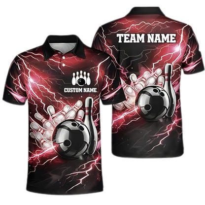 Custom Red Thunder Lightning Bowling Men Polo Shirt, Custom Thunder Bowling Team Shirts BZ0350