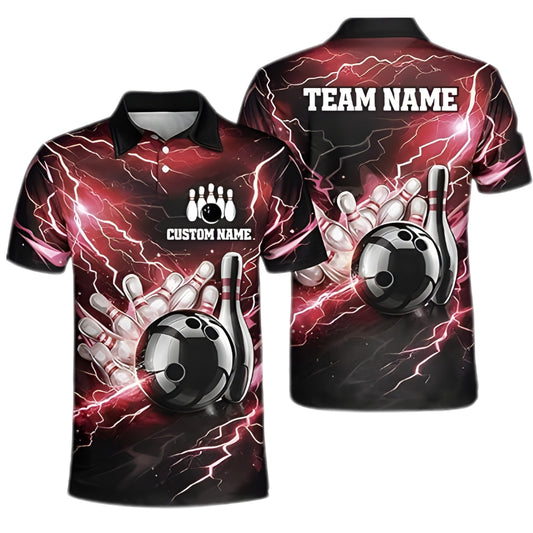 Custom Red Thunder Lightning Bowling Men Polo Shirt, Custom Thunder Bowling Team Shirts BZ0350