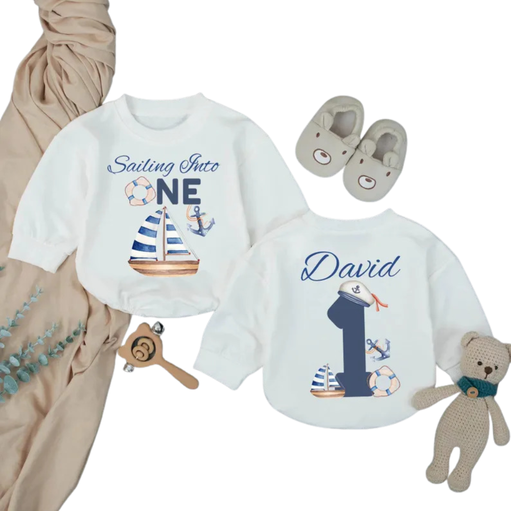 Custom Sailing Into One Baby Romper Sweatshirt, Custom Sailor First Birthday Romper Sweatshirt Baby BB0592