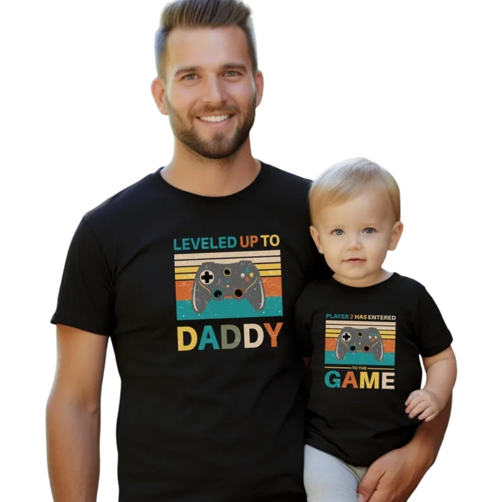 Leveled Up To Daddy Player 2 Has Entered To The Game Matching Dad Son Pregnancy Announcement T Shirt, Game Baby Reveal Matching For Dad Baby ET0974