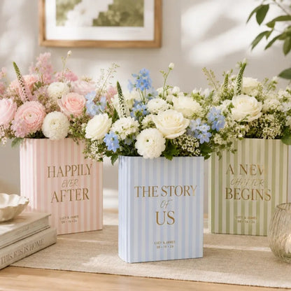 A New Chapter Begin Custom Green Striped Ceramic Book Vase, Personalized Engaged Wedding Keepsake Book Vase WD0985