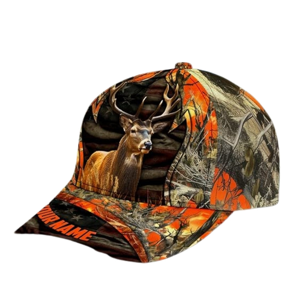 Custom Orange Camo Deer Hunting Caps, Custom Deer 3D Printed Baseball Caps For Hunting Lovers CP0256