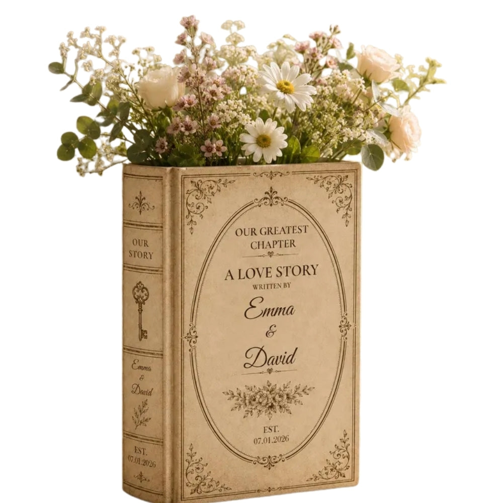 Our Greatest Chapter Personalized Engagement Flower Ceramic Book Vase, Custom Engaged Wedding Vase WD0365