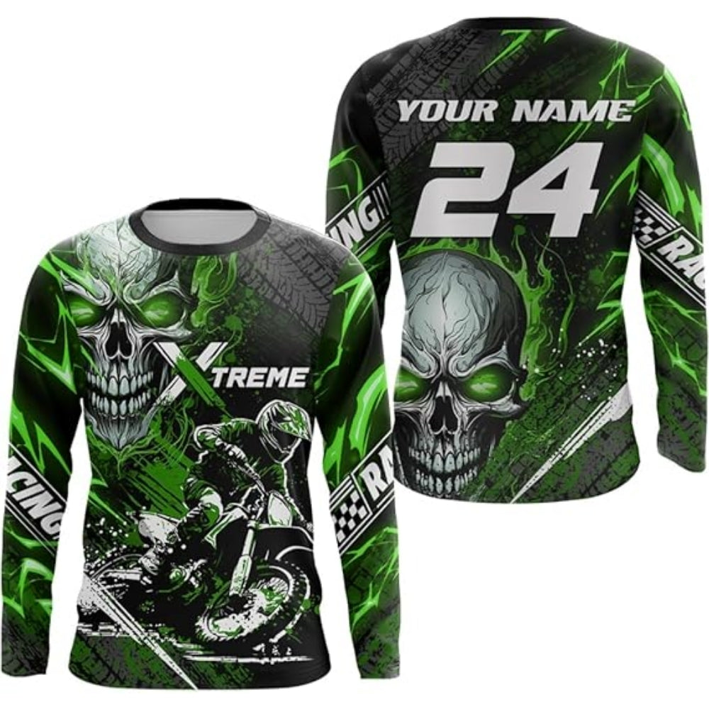 Custom Skull Red Men's Dirt Bike Racing Long Sleeve Shirt, Custom Skull Dirt Bike Jerseys MZ0020