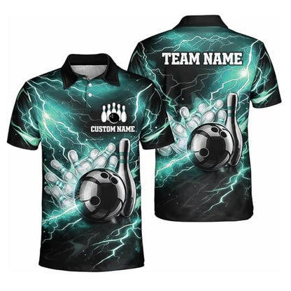 Custom Red Thunder Lightning Bowling Men Polo Shirt, Custom Thunder Bowling Team Shirts BZ0350