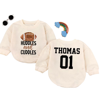 Huddles And Cuddles Custom Football Baby Romper Sweatshirt, Custom Baby Football Romper Sweater BB0468