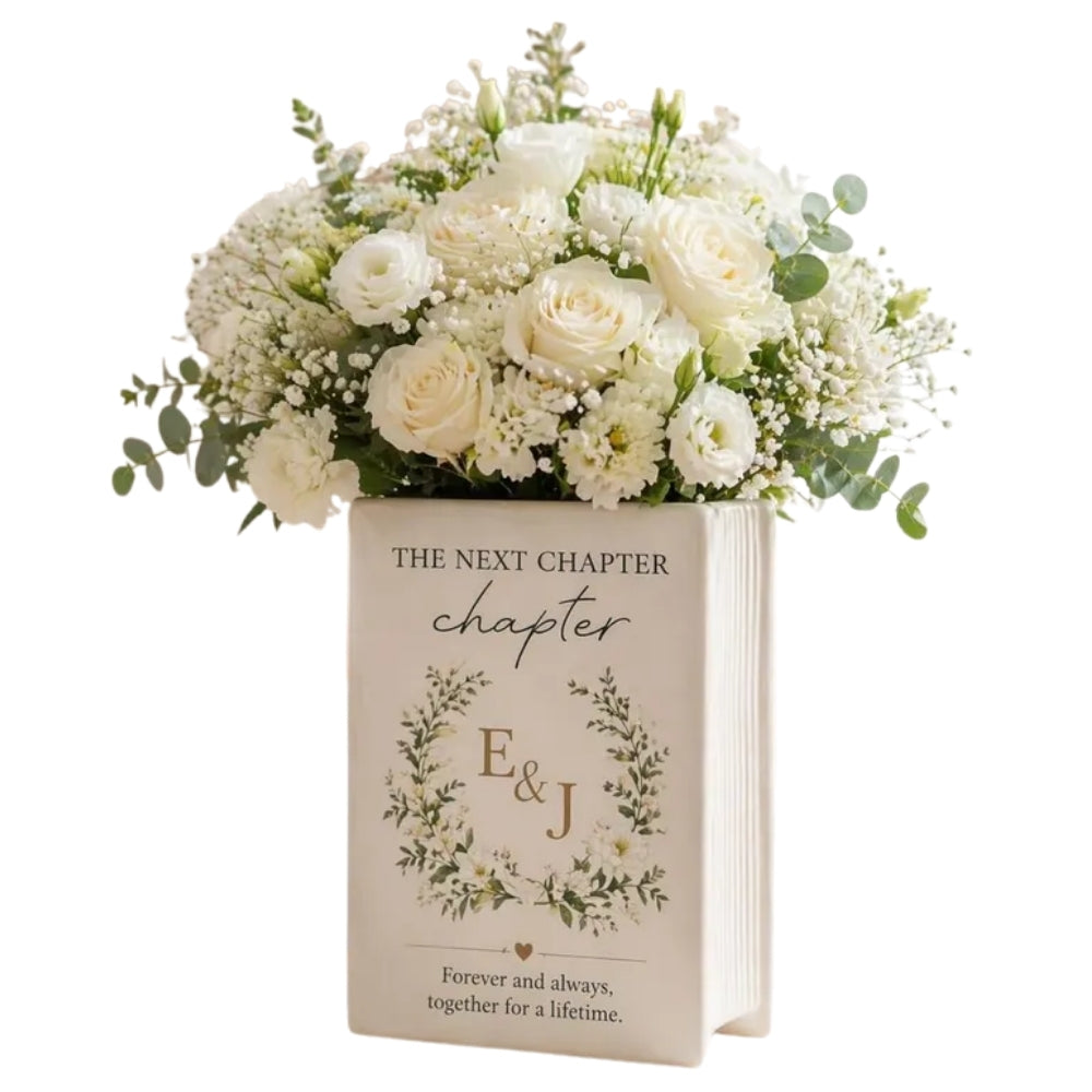 The Next Chapter Personalized Wedding Cereamic Book Vase, Custom Engagement Wedding Vase WD0366