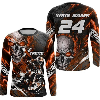 Custom Skull Red Men's Dirt Bike Racing Long Sleeve Shirt, Custom Skull Dirt Bike Jerseys MZ0020
