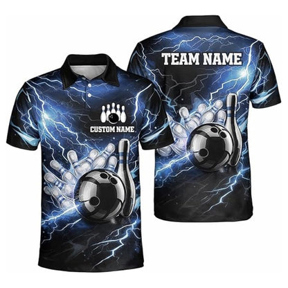 Custom Red Thunder Lightning Bowling Men Polo Shirt, Custom Thunder Bowling Team Shirts BZ0350