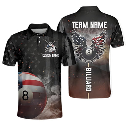 Custom American Eagle Flag 8 Ball Billiard Men's Polo Shirt, Custom Patriotic Billiard Shirts Team BIZ0257