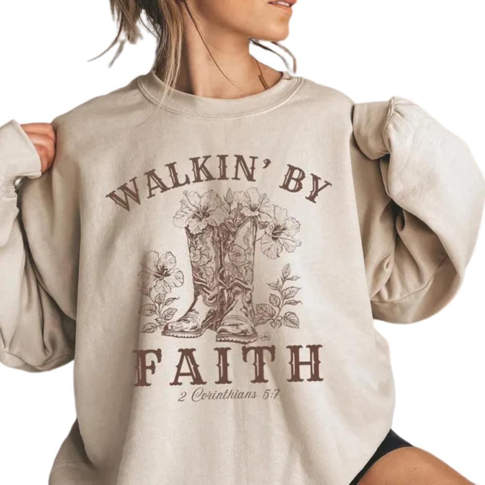 Walkin' By Faith Cowgirl Boots Sweatshirt, Western Christian Sweatshirt For Women 2D0943