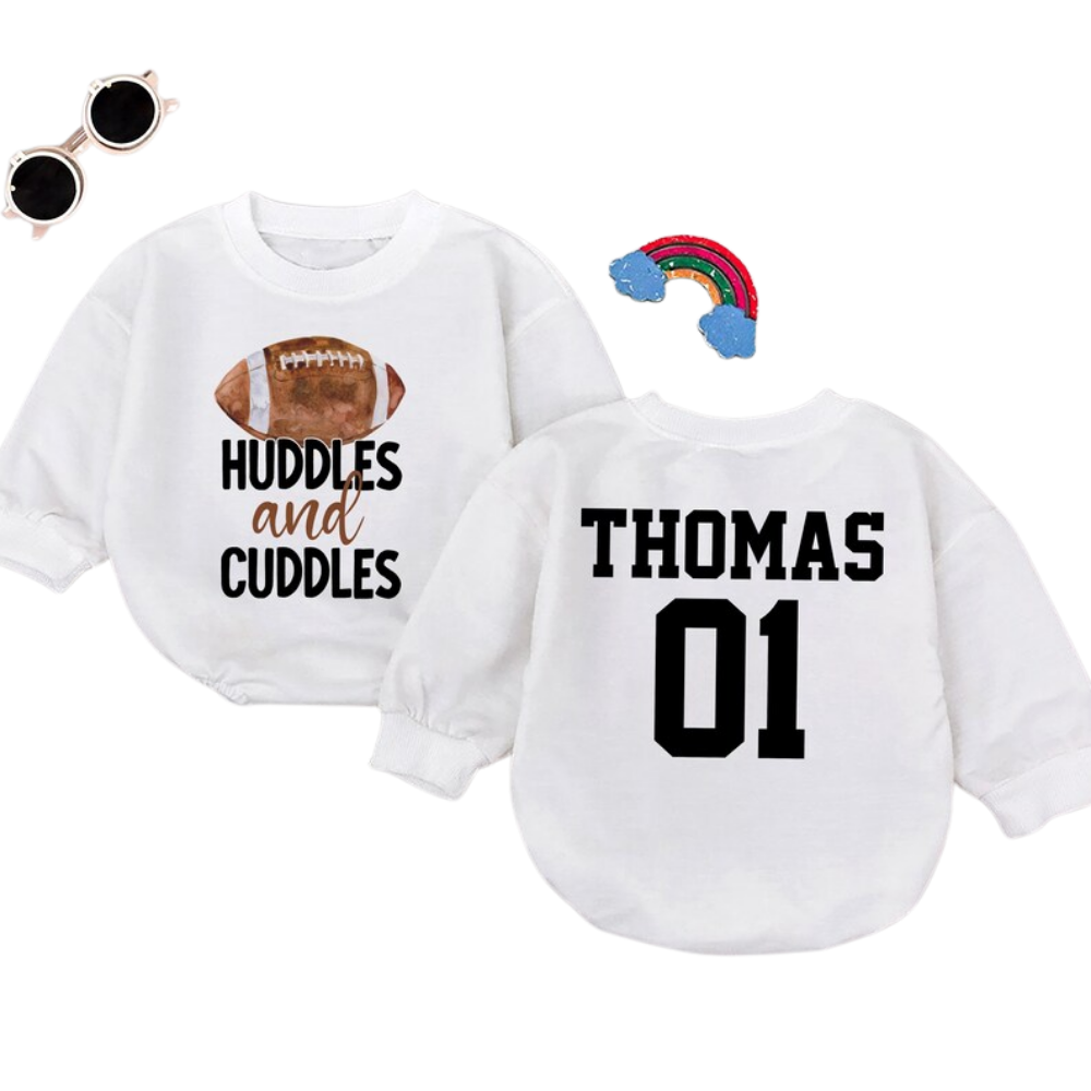 Huddles And Cuddles Custom Football Baby Romper Sweatshirt, Custom Baby Football Romper Sweater BB0468