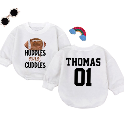 Huddles And Cuddles Custom Football Baby Romper Sweatshirt, Custom Baby Football Romper Sweater BB0468