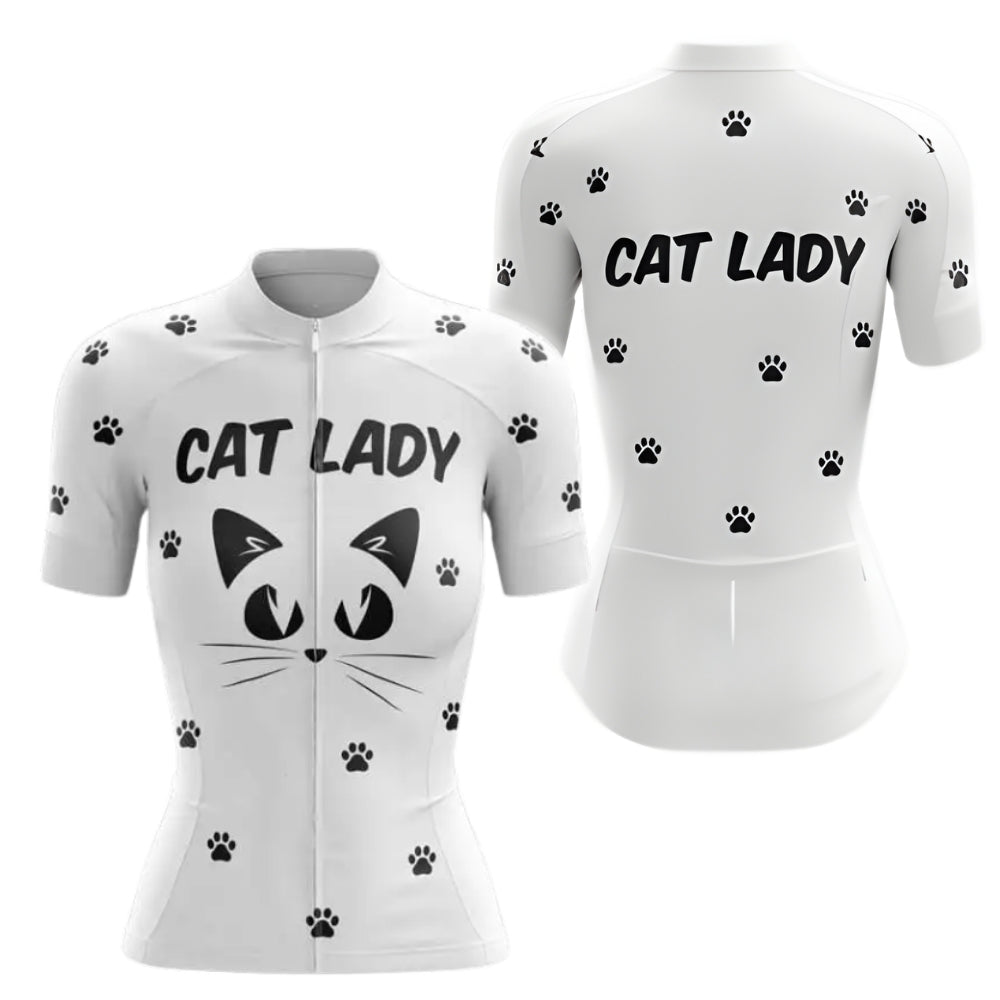 Cat Lady White Cycling Short Sleeve Jersey, Cat Cycling Jerseys For Womens CZ0098