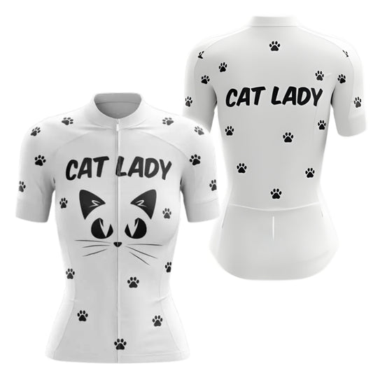 Cat Lady White Cycling Short Sleeve Jersey, Cat Cycling Jerseys For Womens CZ0098