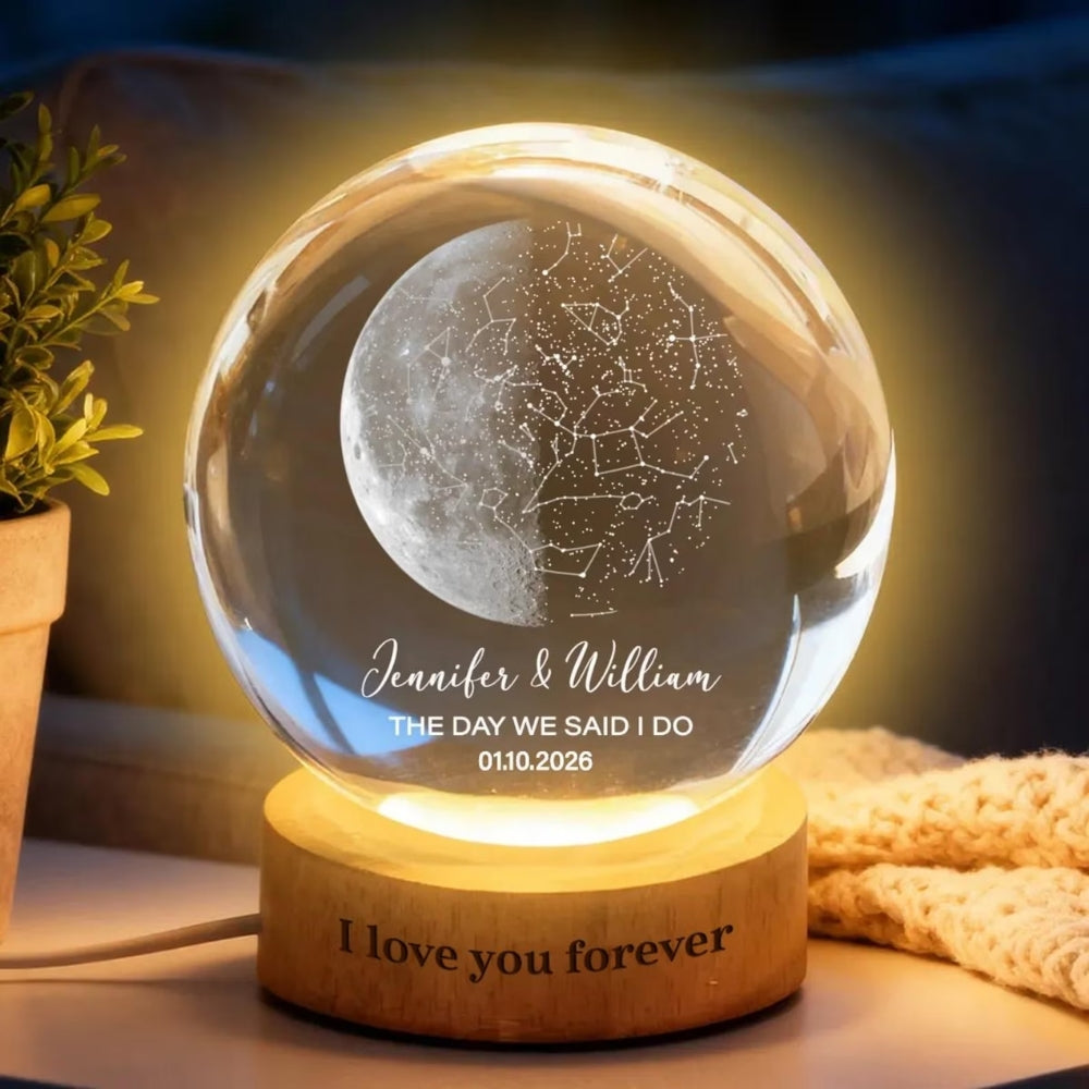 Custom Moon Phase & Star Map Wedding Anniversary Crystal Ball Night Light, Custom Wedding Anniversary Engagement Night Light For Couple WD0045