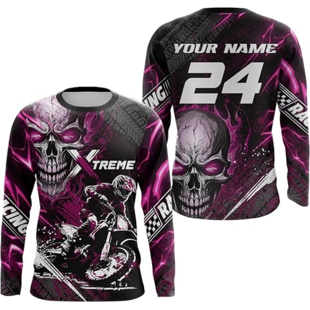 Custom Skull Red Men's Dirt Bike Racing Long Sleeve Shirt, Custom Skull Dirt Bike Jerseys MZ0020