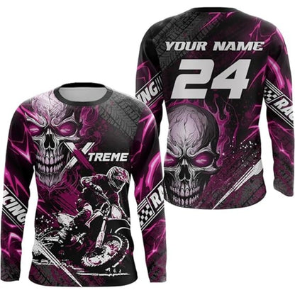 Custom Skull Red Men's Dirt Bike Racing Long Sleeve Shirt, Custom Skull Dirt Bike Jerseys MZ0020