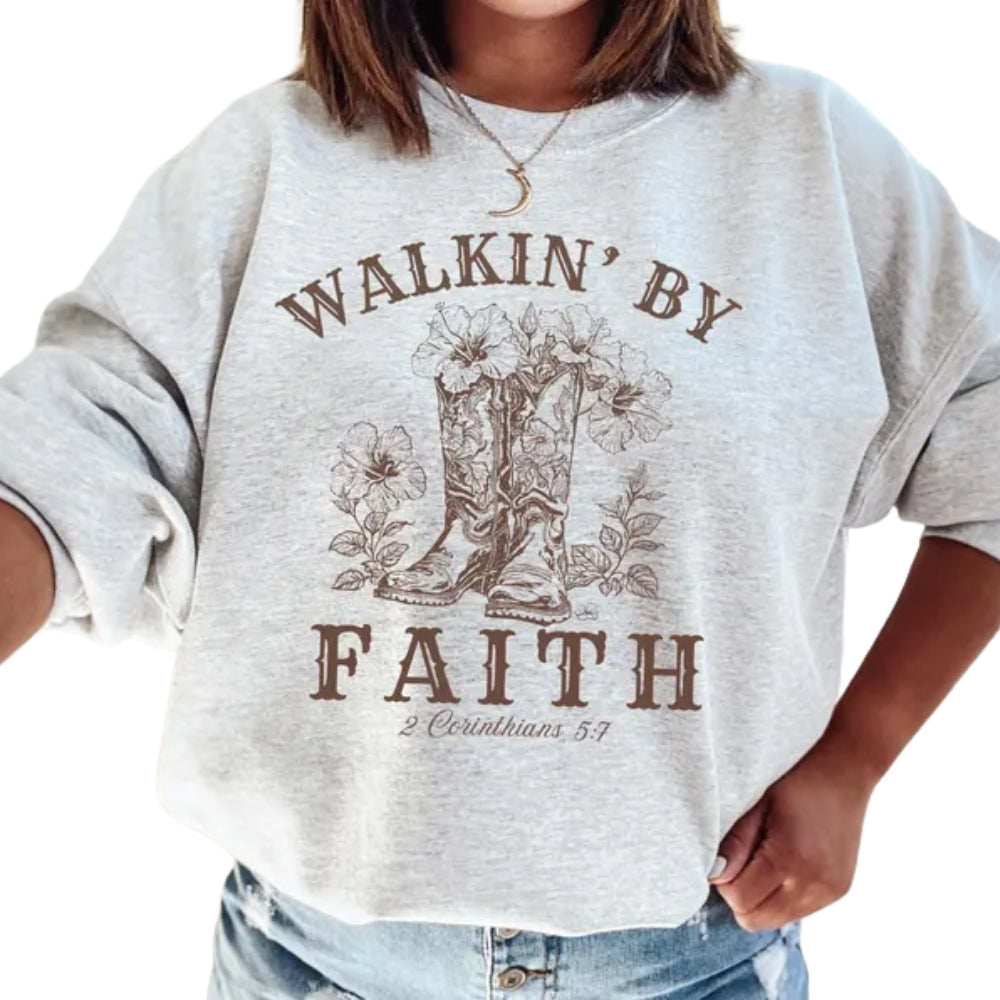 Walkin' By Faith Cowgirl Boots Sweatshirt, Western Christian Sweatshirt For Women 2D0943