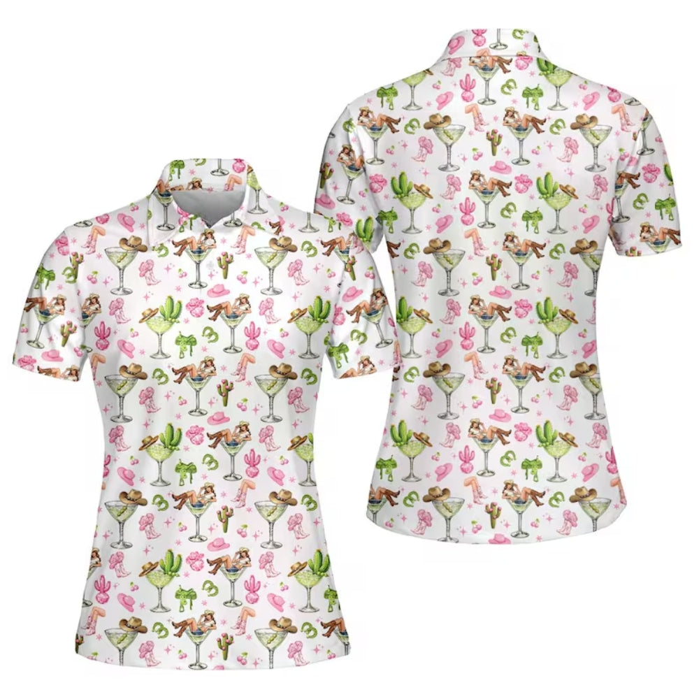 Margarita Cactus Cowgirl Golf Polo Shirt, Western Cocktail Golf Shirts For Ladies GE0324