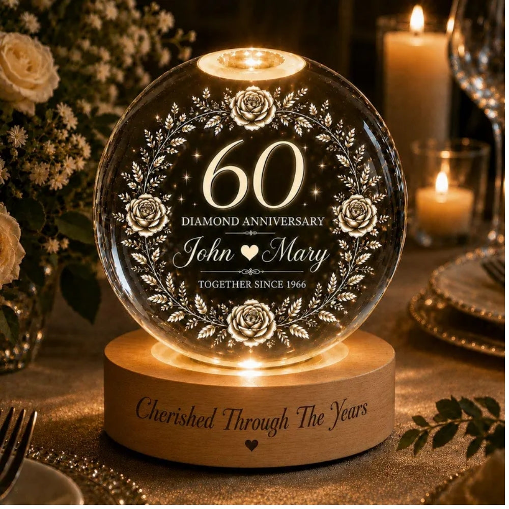 60 Diamond Anniversary Custom Couple Name Crystal Ball Night Light, Custom 60th Wedding Anniversary Night Light WD0370