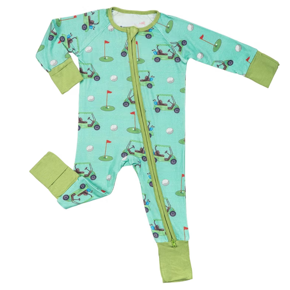 Green Golf Cart Baby Romper With Convertible Zipper, Golf Convertible Zipper For Baby BB0419
