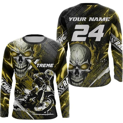 Custom Skull Red Men's Dirt Bike Racing Long Sleeve Shirt, Custom Skull Dirt Bike Jerseys MZ0020