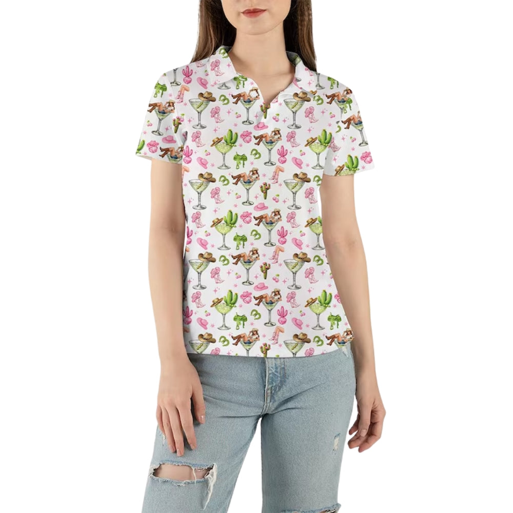 Margarita Cactus Cowgirl Golf Polo Shirt, Western Cocktail Golf Shirts For Ladies GE0324