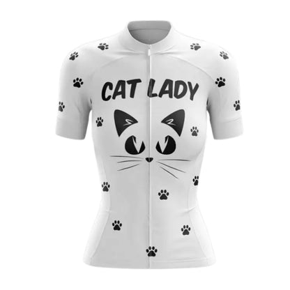Cat Lady White Cycling Short Sleeve Jersey, Cat Cycling Jerseys For Womens CZ0098