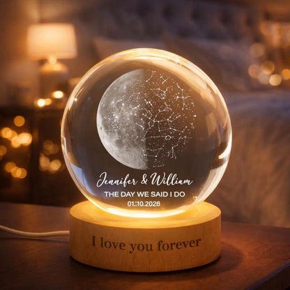 Custom Moon Phase & Star Map Wedding Anniversary Crystal Ball Night Light, Custom Wedding Anniversary Engagement Night Light For Couple WD0045