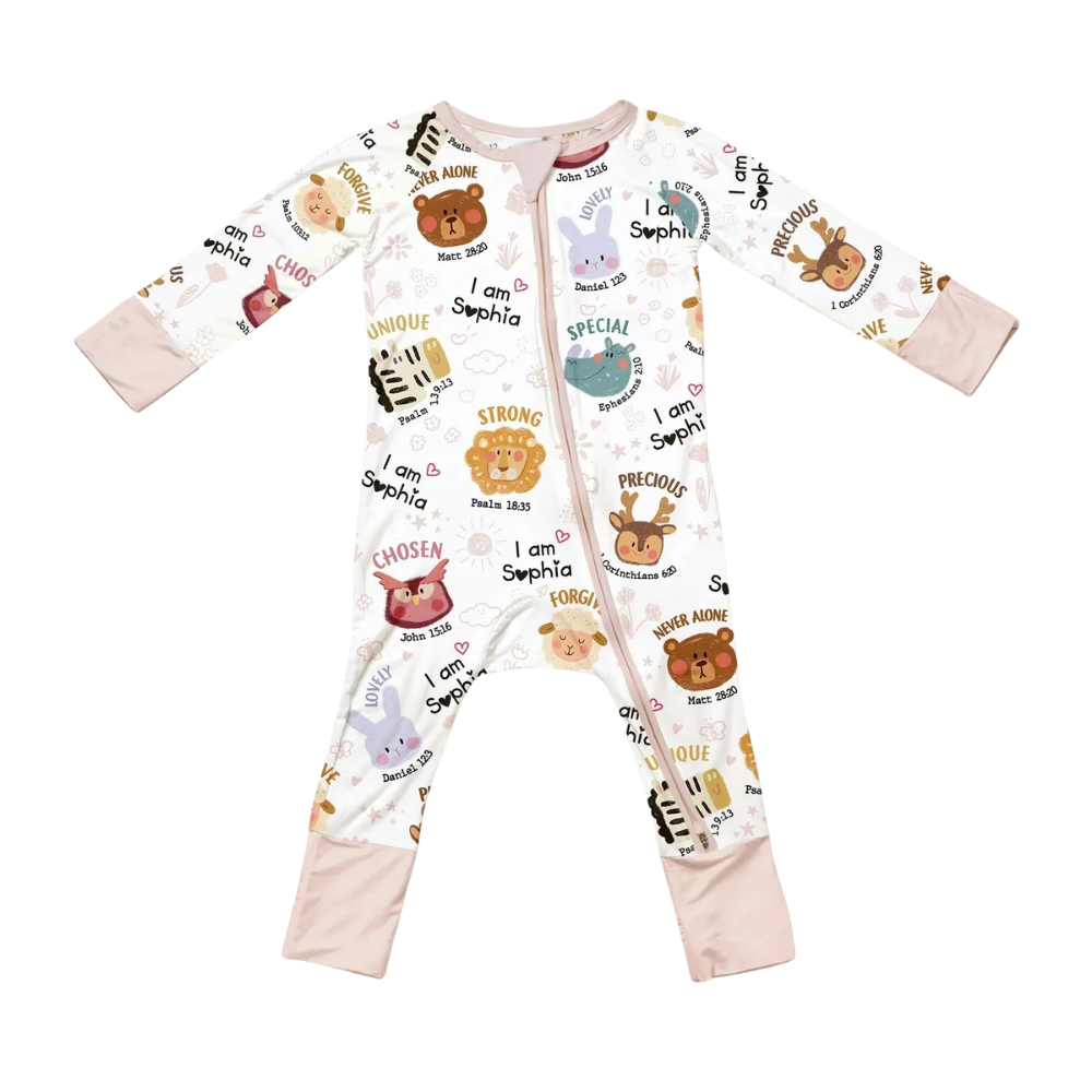 Custom Animal God Bible Verse Baby Convertible Zippy Romper, Custom Christian Animal Romper Convertible Baby BB0825