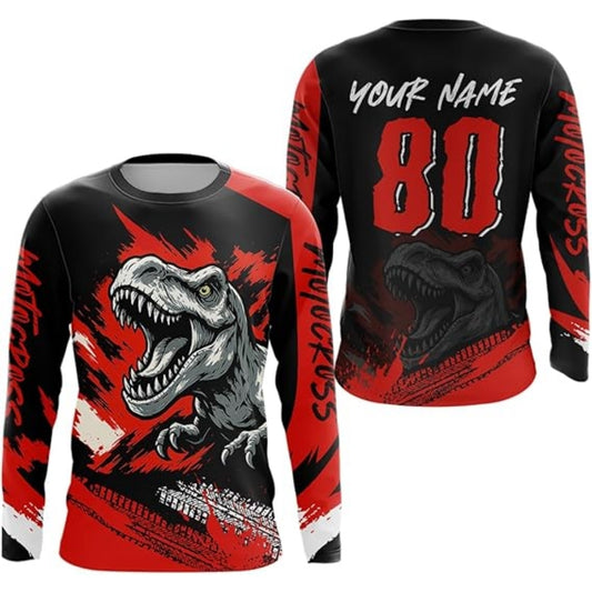 Custom Dinosaur Black And Red Men's Motocross Long Sleeve Jersey, Custom Dinosaur Motocross Jerseys MZ0021