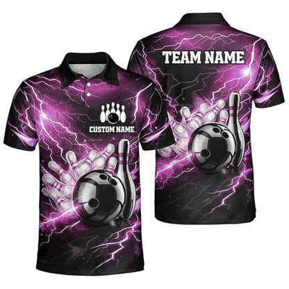 Custom Red Thunder Lightning Bowling Men Polo Shirt, Custom Thunder Bowling Team Shirts BZ0350