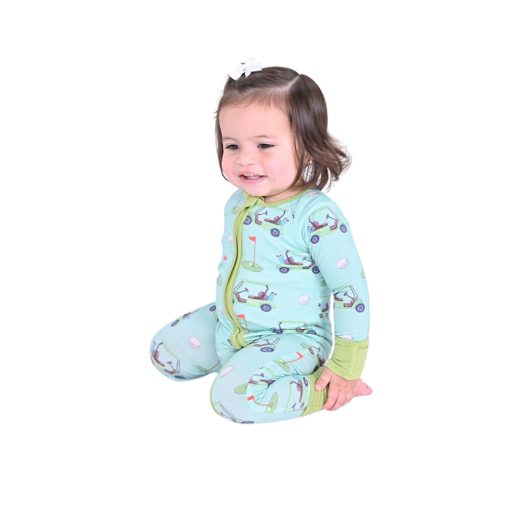 Green Golf Cart Baby Romper With Convertible Zipper, Golf Convertible Zipper For Baby BB0419