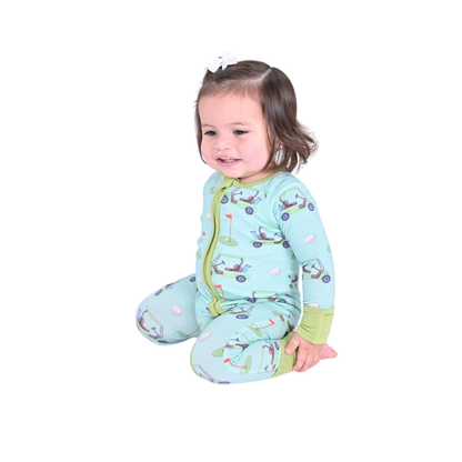 Green Golf Cart Baby Romper With Convertible Zipper, Golf Convertible Zipper For Baby BB0419