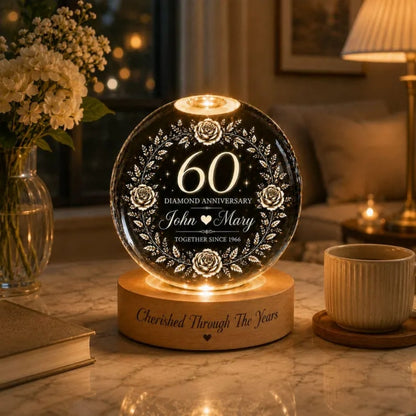 60 Diamond Anniversary Custom Couple Name Crystal Ball Night Light, Custom 60th Wedding Anniversary Night Light WD0370