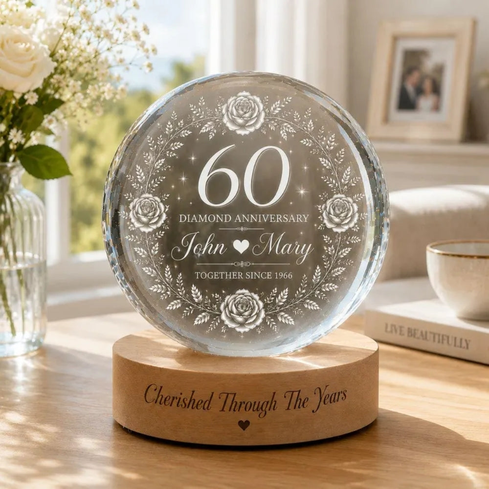 60 Diamond Anniversary Custom Couple Name Crystal Ball Night Light, Custom 60th Wedding Anniversary Night Light WD0370