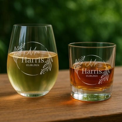 Personalized Wedding Bride And Groom Wine Whiskey Glasses, Personalised Wedding Glass Set WD0021