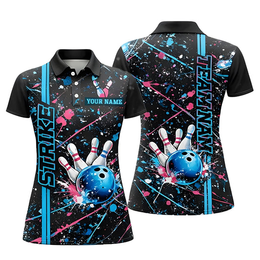 Custom Team Blue And Pink Splatter Bowling Polo Shirt Women, Custom Team Bowling Shirt For Ladies BZ0351