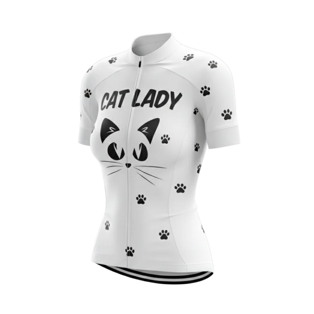 Cat Lady White Cycling Short Sleeve Jersey, Cat Cycling Jerseys For Womens CZ0098