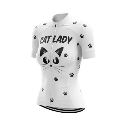 Cat Lady White Cycling Short Sleeve Jersey, Cat Cycling Jerseys For Womens CZ0098