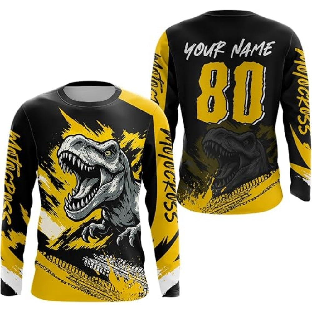 Custom Dinosaur Black And Red Men's Motocross Long Sleeve Jersey, Custom Dinosaur Motocross Jerseys MZ0021