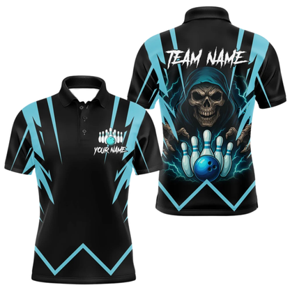 Custom Skeleton Black Cyan Bowling Mens Polo Shirt, Custom Skull Bowling Team Shirts BZ0986